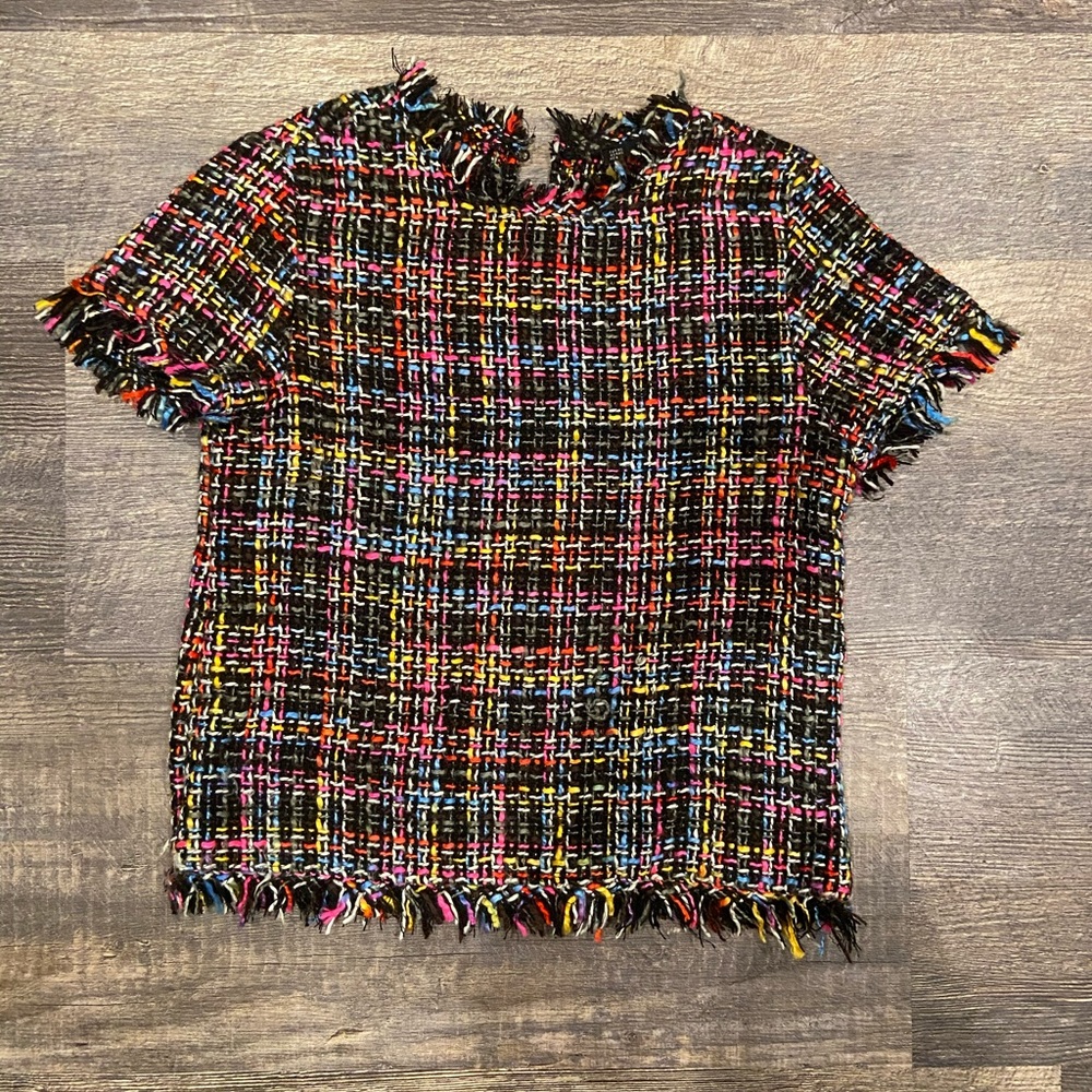 Zara Basic Collection Frayed Tweed Top Multi-Color